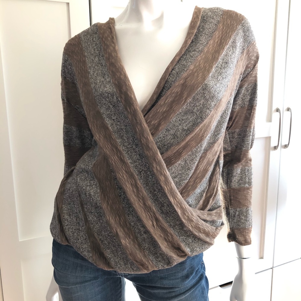 Lush brown grey slub striped wrap top